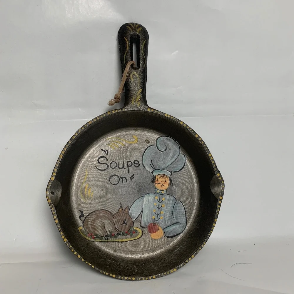 Folk Art Hand Painted Chef Turkey Black Skillet 6.5
